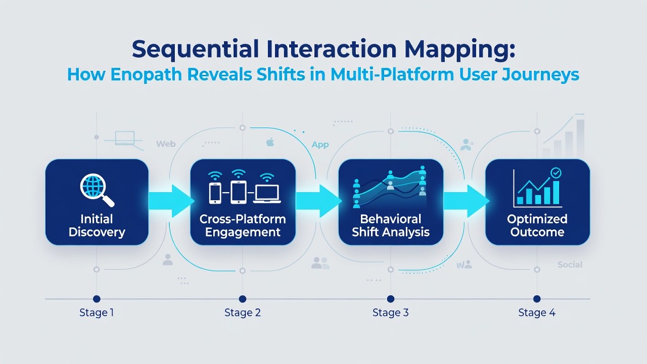 Visualization of Enopath dashboard displaying multi-platform user journey shifts with color-coded sequence changes and timeline markers